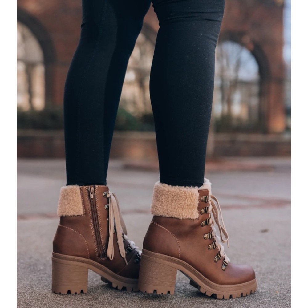 Brown Sherpa Lace-Up Lug Sole Combat Booties - Picture 2 of 16